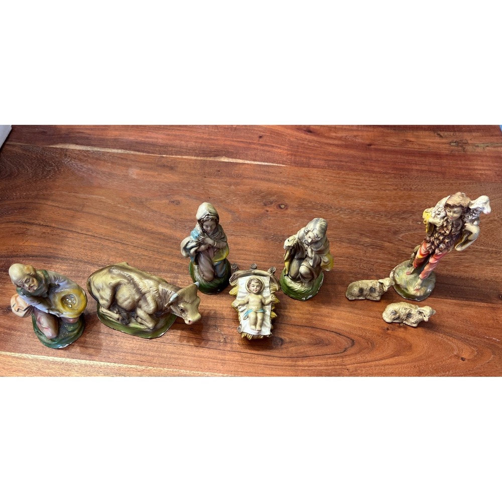 Vtg Nativity Set Made In Italy 8 Figures Mary Joseph Jesus Shepard